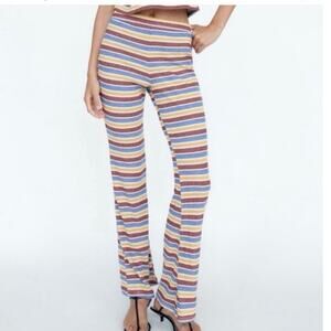 Zara Sz L Striped Pull On Flare Pants Red Yellow Blue High Waist | NWT